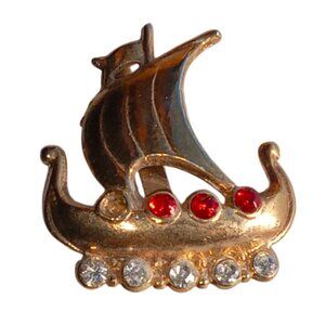 RARE Vintage Viking Ship Gold Tone Pin with Gemstones READ